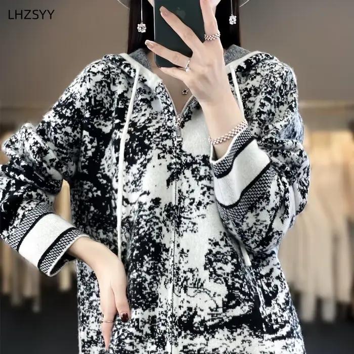LHZSYY-Pull à Capuche en Cachemire pour Femme, Cardigan Triblockchain avec Fermeture Éclair, Manteau