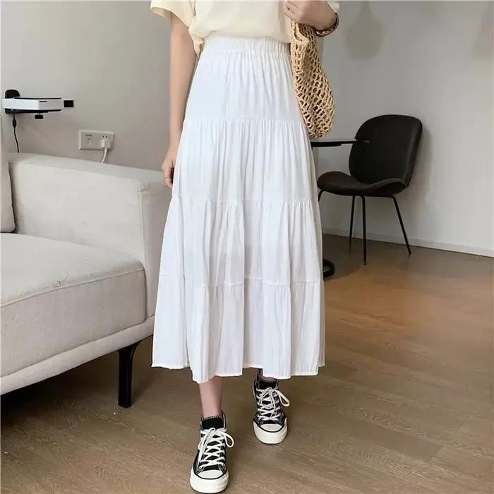 Jupe trapèze en mousseline de soie pour femme, vintage, taille haute, élastique, patchwork, blanc, n