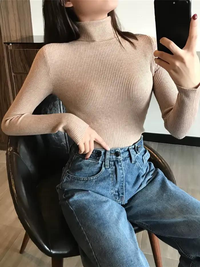 Pull tricoté côtelé épais pour femme, col roulé, manches longues, coupe ajustée, doux et chaud, coll