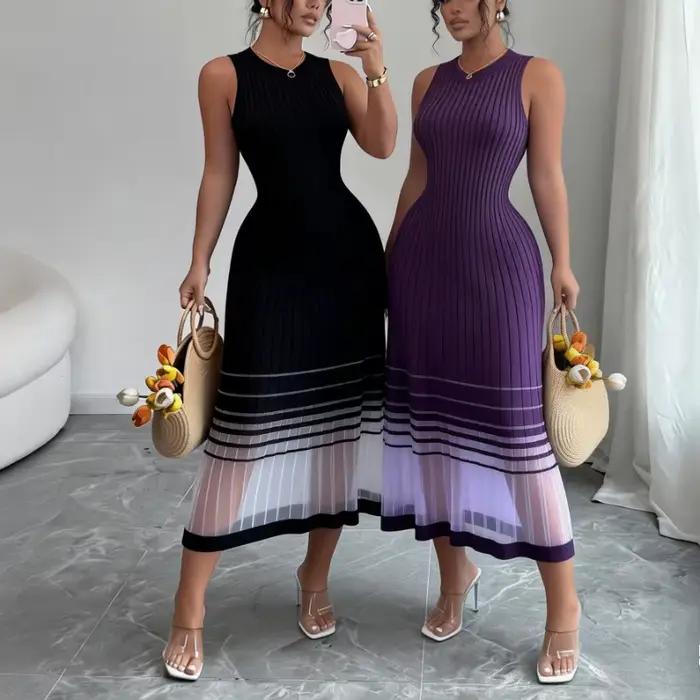 Robe midi décontractée pour femme, sans manches, col rond, en maille élastique, avec ourlet transpar