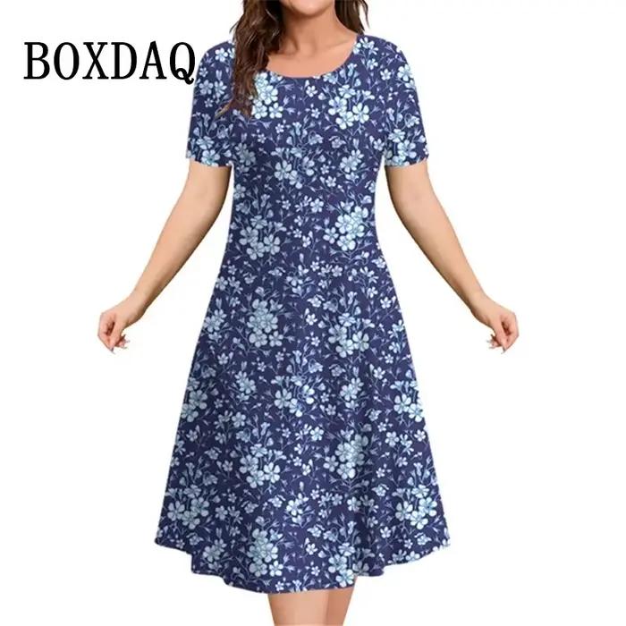 Robes vintage à imprimé floral 3D pour femmes, pull décontracté à manches courtes, robes grande tail