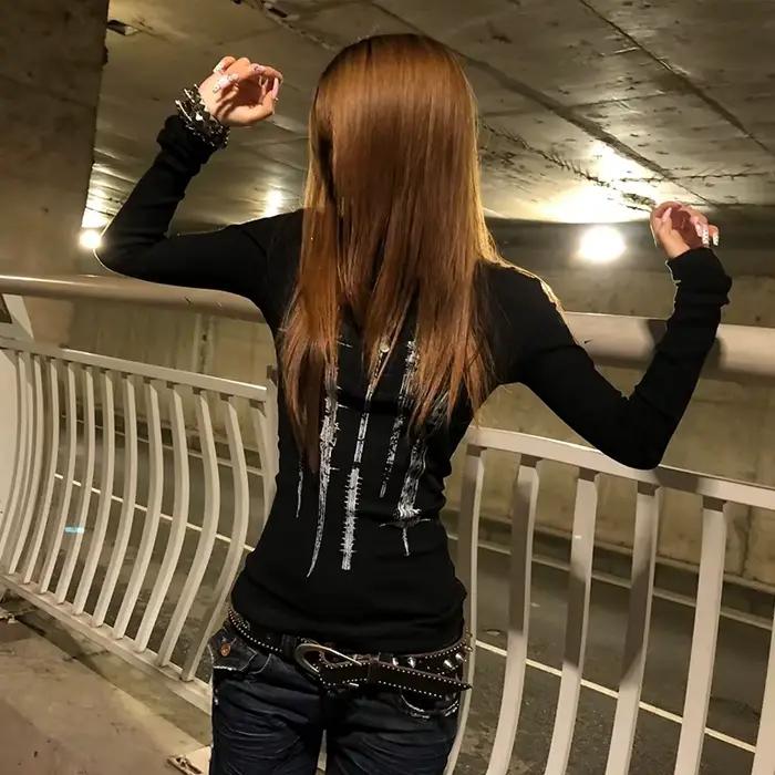 Karrcat Grunge esthétique tatouage imprimé hauts tricotés Trashy Y2k à manches longues tricot T-shir