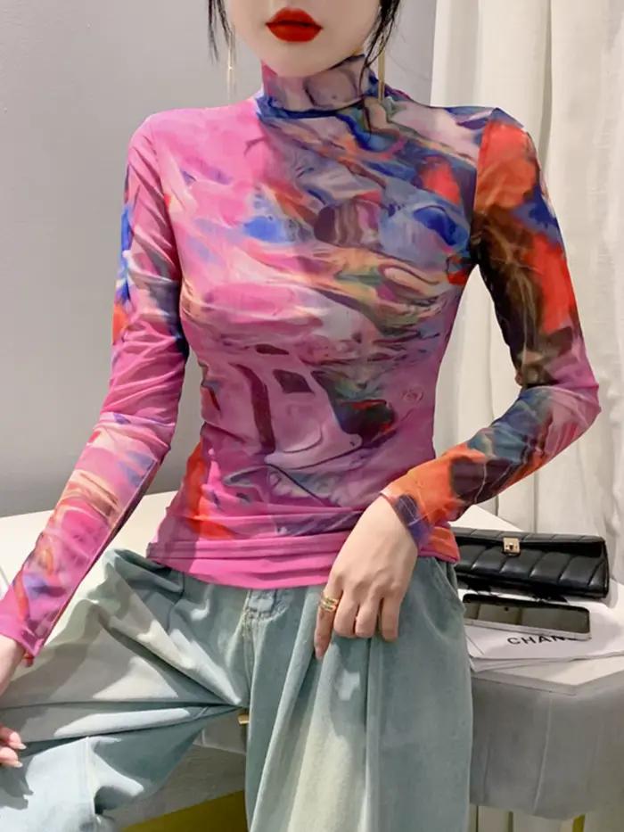 T-shirt en maille à col roulé à manches longues pour femmes, haut slim femme, taille S-4XL