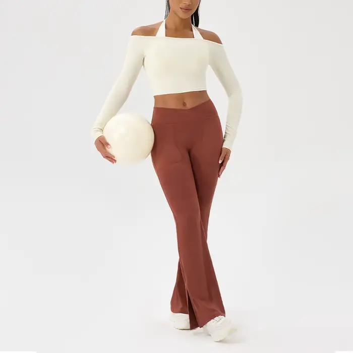 T-shirt de Yoga à manches longues pour femmes, asymétrique épaule dénudée, sexy, serré, vêtements de
