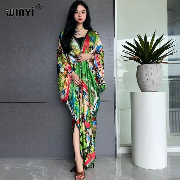 WINYI-Robe longue à col en V pour femme, robe de plage sexy, sensation de soie, mode bohème, robe de