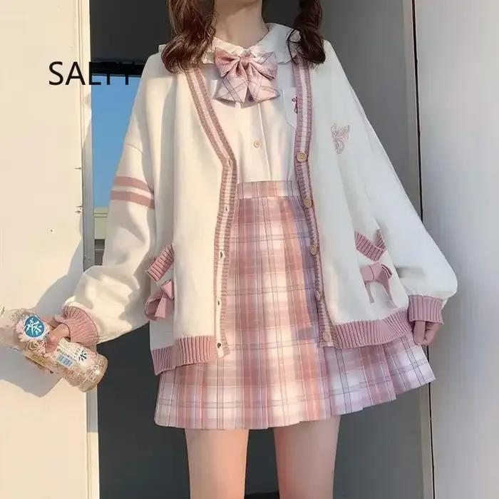 Cardigan surdimensionné brodé de style japonais pour femmes, pull femme, adorable, Harajuku, automne