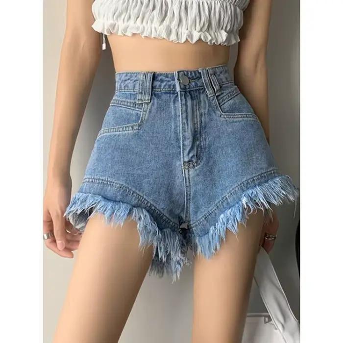 Short en Denim taille haute pour femmes, nouveau Design, jambes larges, ample, pompon en forme de A,