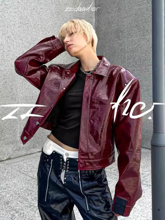 Lautaro automne Cool court surdimensionné veste en cuir Pu femmes épaulettes fermeture éclair de hau