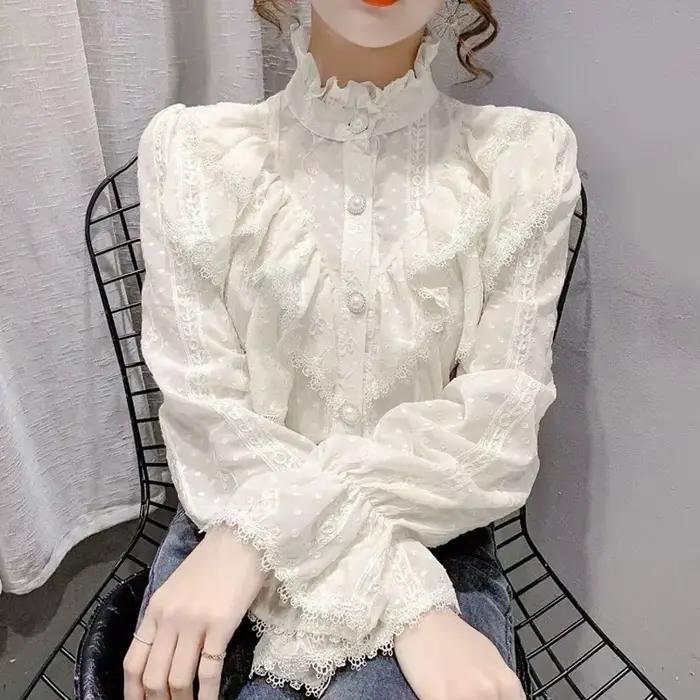 Manches longues lâche printemps mode bouton chemise blanche élégant col montant plissé hauts décontr