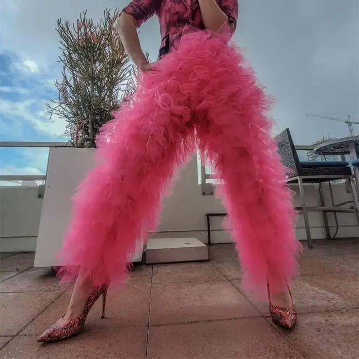 Pantalon en maille de tulle pour femme, pantalon à volants multicouches pour femme, taille haute, te