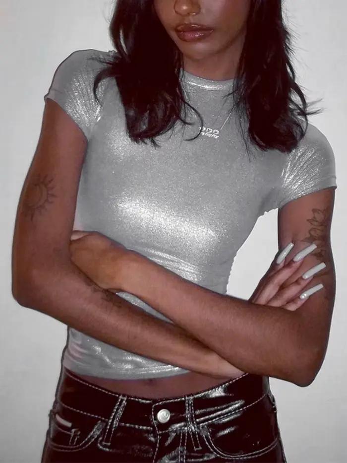 T-shirt à manches courtes en cuir monochromatique pour femmes, haut à col rond, t-shirts sexy, vêtem