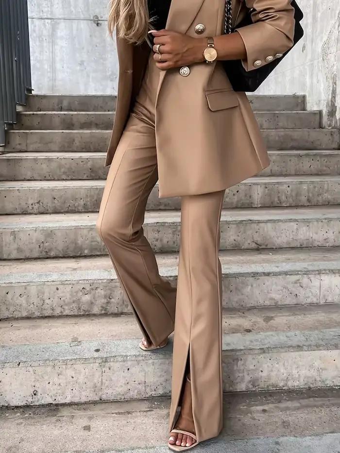 Pantalon évasé taille haute pour femme, pantalon long en PU, monochromatique, fourche ouverte, stree