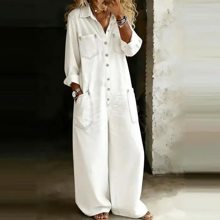 Combinaison longue décontractée en jean pour femme, à col rabattu, manches longues, coupe ample, uni