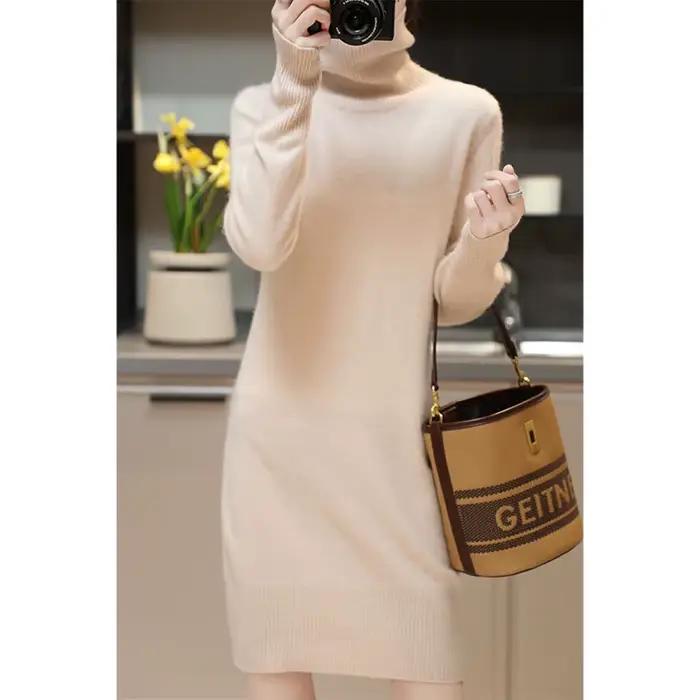 Robe pull en cachemire pour femme, tenue élégante en laine mérinos, col roulé, tricotée, décontracté