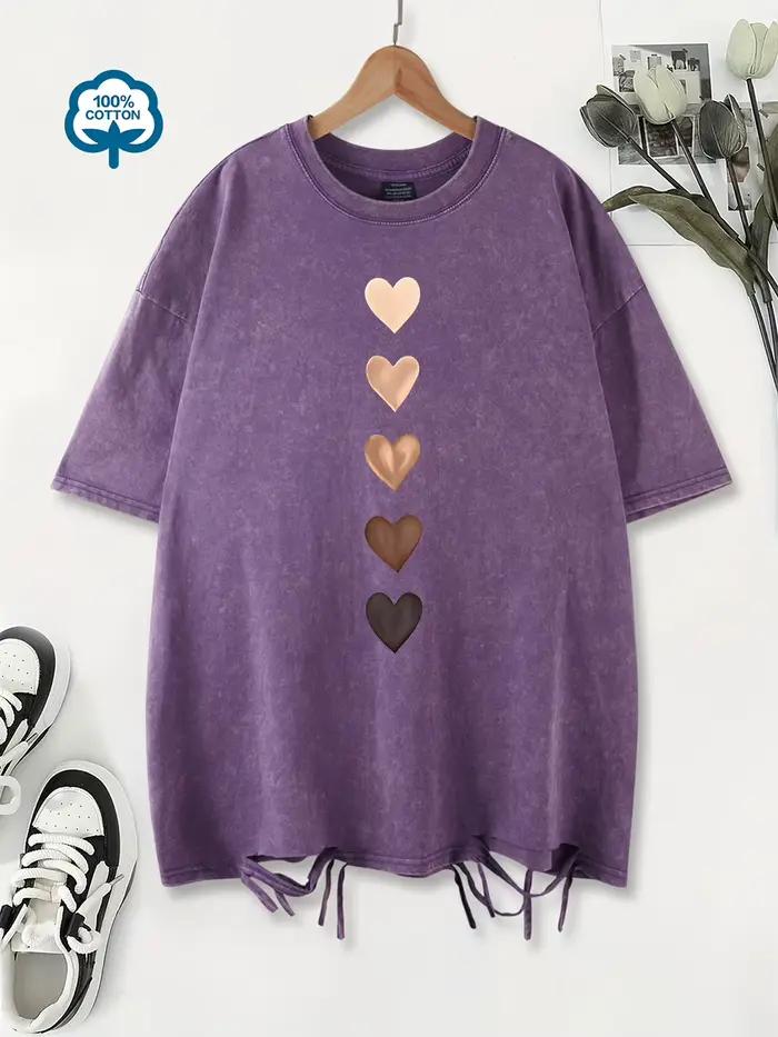 100% coton lavé T-Shirts femmes surdimensionné amour coeur Graffiti imprimé T-Shirts col rond en dét