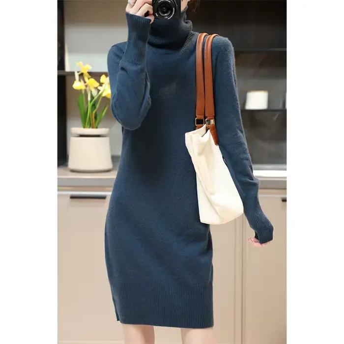 Robe pull en cachemire pour femme, tenue élégante en laine mérinos, col roulé, tricotée, décontracté