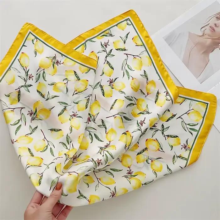 70cm carré citron imprimé jaune carré foulard en soie décontracté élégant mince respirant cou femmes