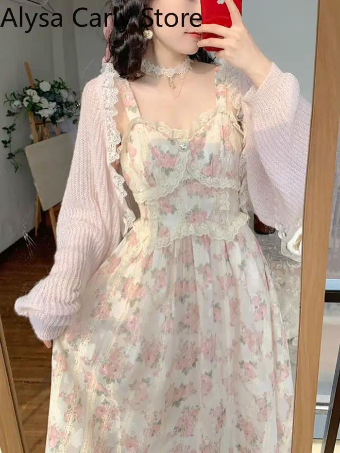 Robe longue en mousseline de soie et dentelle pour femmes, broderie florale, nickel é, vintage, douc