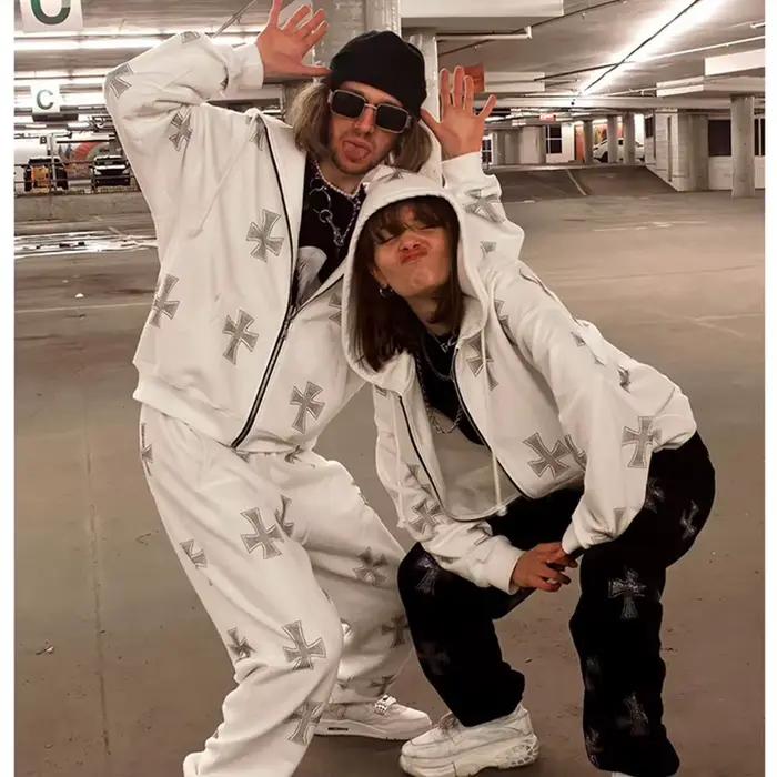 Ensemble deux pièces imprimé croix gothique pour femme, sweats à capuche et pantalons, survêtement c