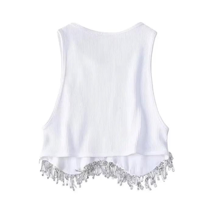 T-shirt à tricoter en perles de diamant pour femmes, débardeurs courts Chic Camis, gilet mince, haut