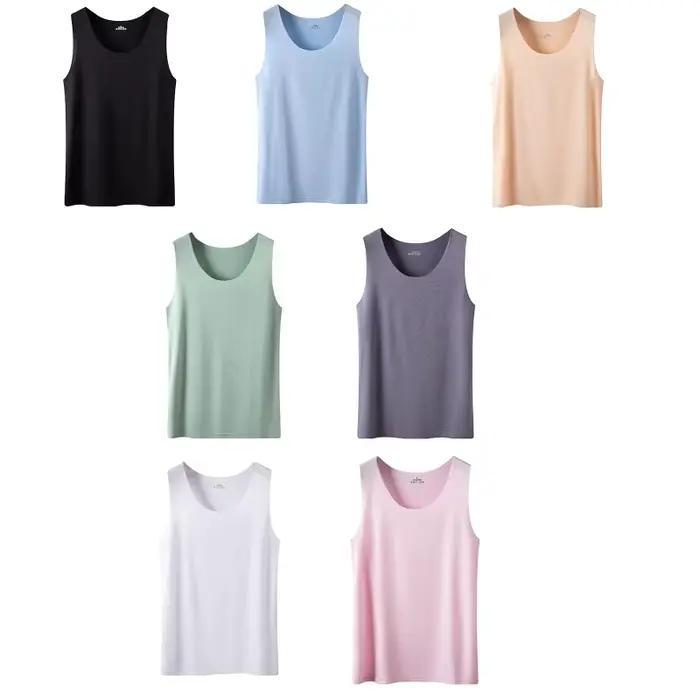 Débardeur sans couture en soie glacée pour femmes, maillot de corps simple, col rond, sans manches,