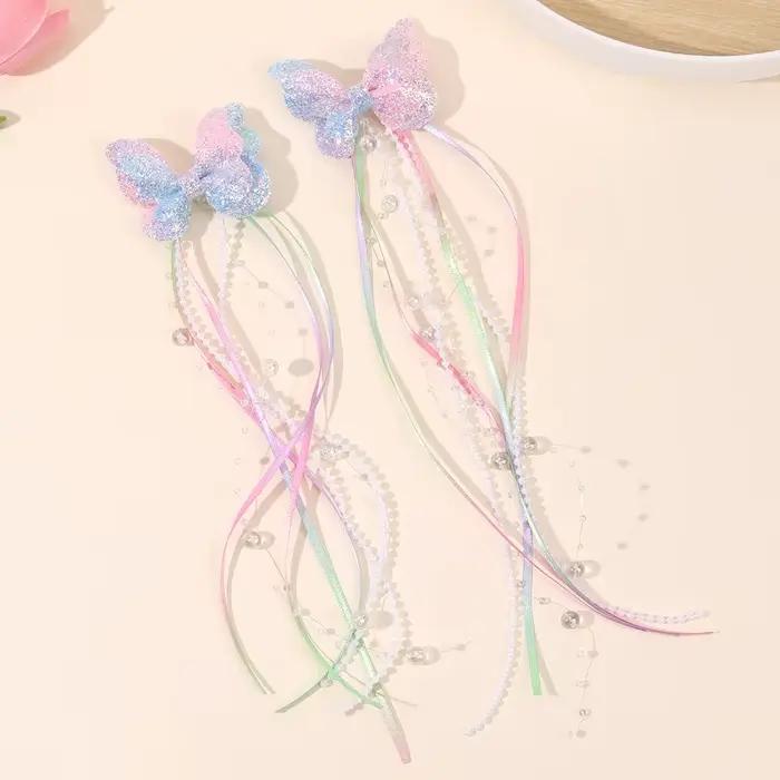 Pince à cheveux à paillettes papillon arc-en-ciel pour enfants, 2 pièces, ruban de perles, pince à c
