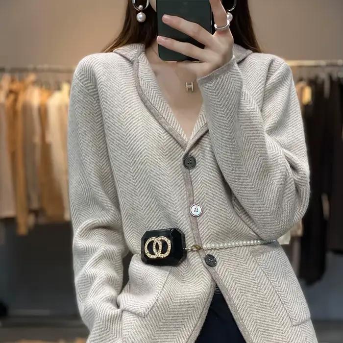 Automne hiver femmes pur cachemire laine costume manteau pull décontracté tricoté col sur mesure Car