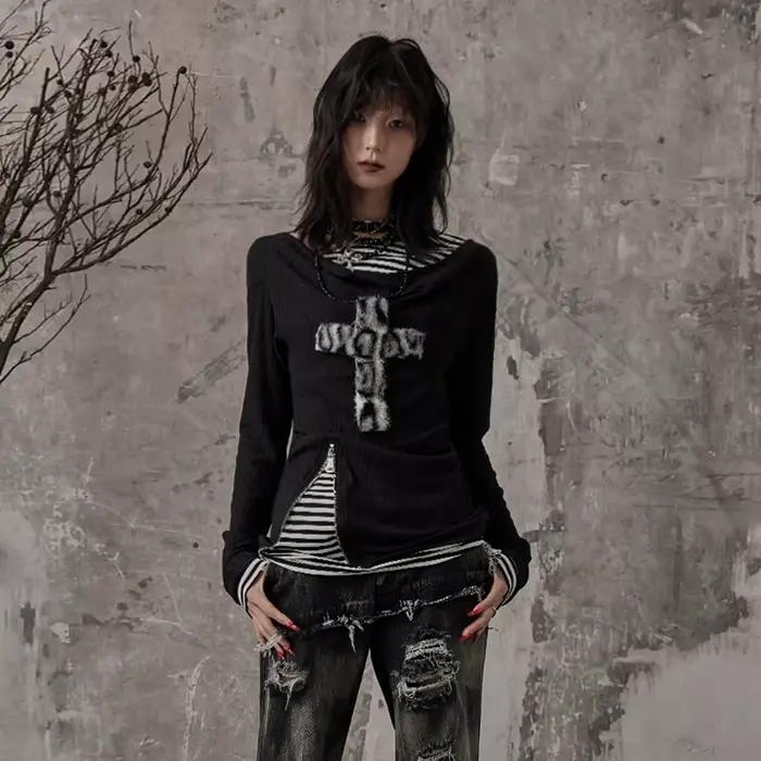 Karrcat Grunge esthétique faux deux pièces hauts Trashy Y2k à manches longues tricoté hauts Wastelan
