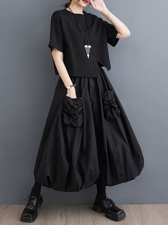 Jupe plissée noire vintage pour femmes, jupe longue bicouche, vêtements décontractés, taille haute,