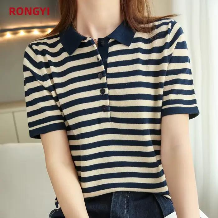 Leardean I-T-shirt à manches courtes pour femme, 100% coton, col polo, haut rayé et fin, printemps e