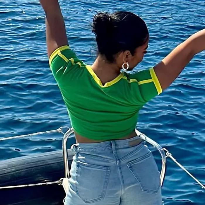 2024 Rétro Rue Esthétique Bébé T-shirt Femmes Vert Brésil Lettres Imprimé Récolte Hauts Décontracté