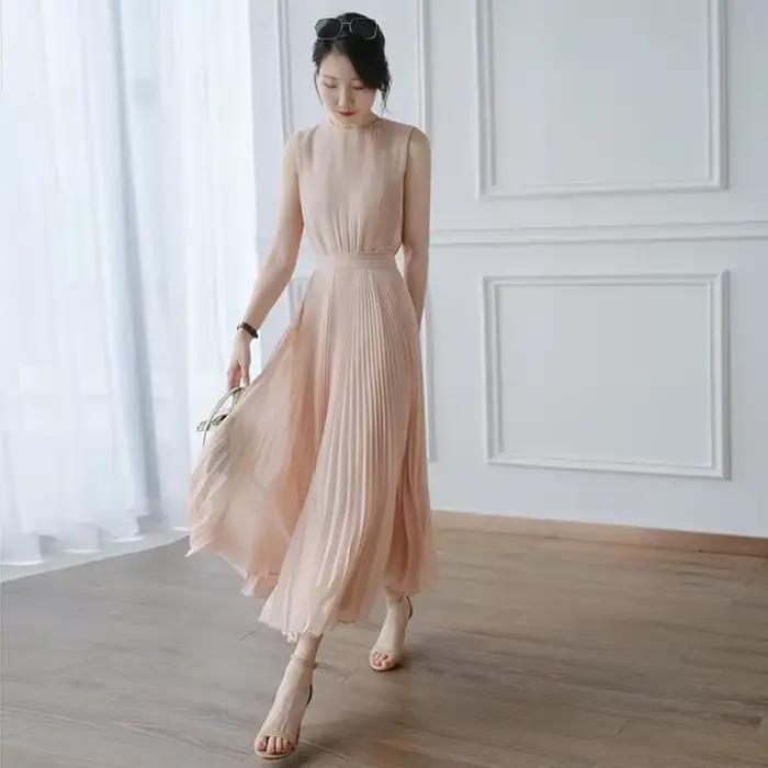 Robe longue plissée en mousseline de soie rose pour femme, tenue de soirée, tenue de bureau, sans ma