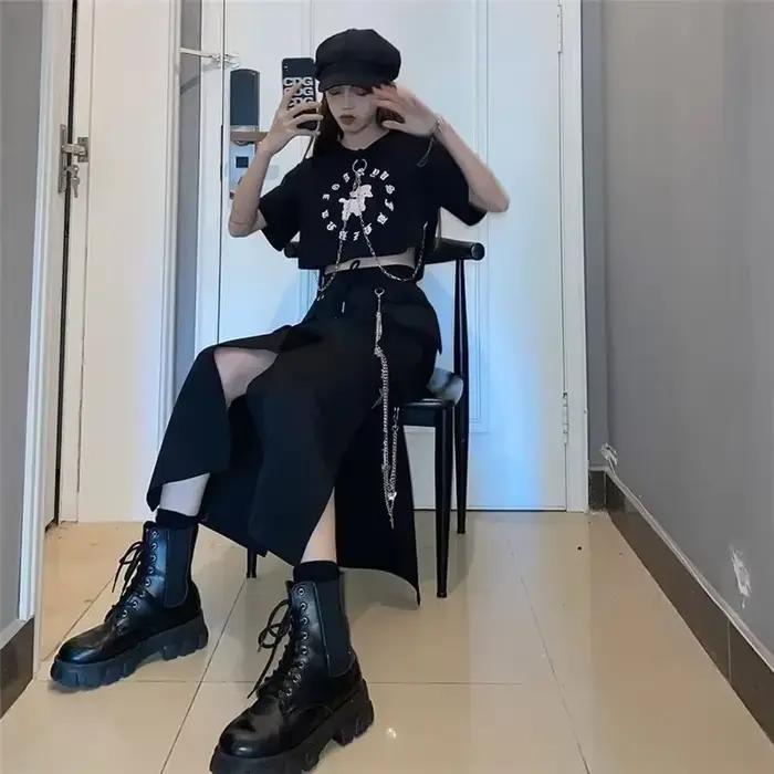 Jupe longue noire de Style coréen pour femmes, avec chaîne, fente latérale, Hip Hop, Streetwear, gra