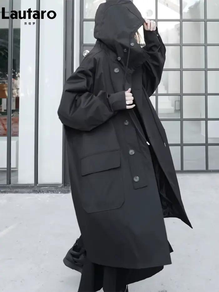 Lautaro-Manteau Long Respirant Noir avec Capuche pour Femme, Vêtements de Créateur de Luxe, Dark Aca