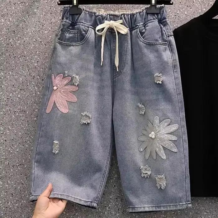 Short en denim brodé pour femmes, grande taille 4XL, été, midi, droit, vintage, décontracté, court,