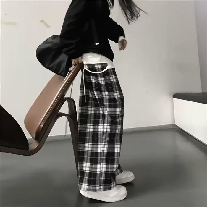Pantalon de survêtement oversize pour femme, motif écossais noir, décontracté, coupe ample, taille é