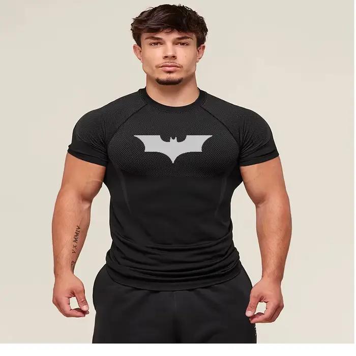 T-shirts de compression à motif chauve-souris pour hommes, manches courtes, anti-UV, pour la gym, l'