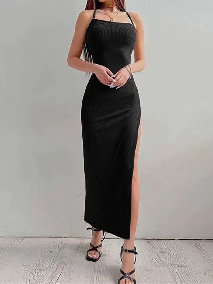 Robe longue noire moulante pour femmes, Sexy, sans manches, col licou, bretelles Spaghetti, fente ha