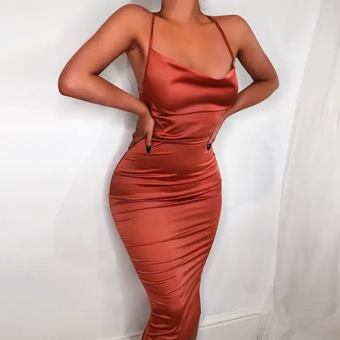 Robe longue mi-longue en satin néon pour femmes, rose clair, moulante, dos nu, élégante, sexy, pour