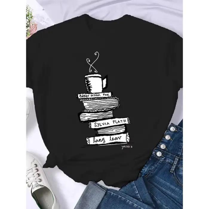 Café livres livres marron américain rétro T-shirt femme col rond demi manches T-shirt imprimé T-shir
