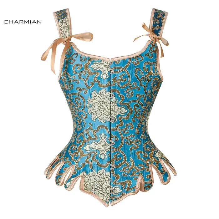 Corset Vintage en Brocart Désossé d'Acier avec Bretelles pour Femme, Bustier à Lacets, Glaçure Charm