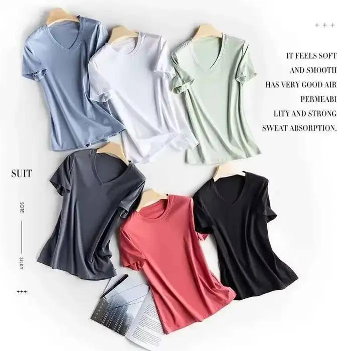 T-shirt en coton mercerisé et soie 5% pour femme, col rond, couleur unie, coupe ample, décontracté,