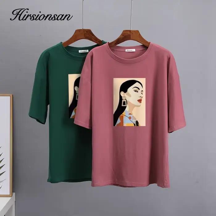 Hirsionsan – t-shirt en coton imprimé pour femme, haut Chic, ample, décontracté, esthétique, surdime