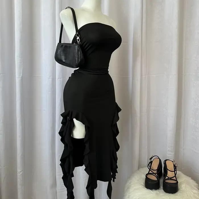 Mini robe sans bretelles pour femmes, Sexy, ourlet pliable, fente haute, couleur unie, dos nu, sans