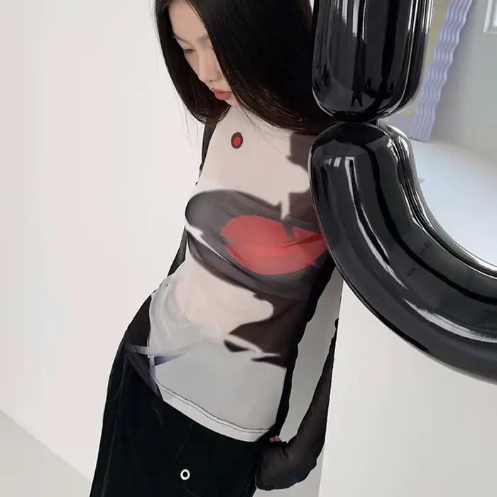 T-shirt en maille Karrcat cyber-y2k, hauts imprimés Grunge esthétique japonais Harajuku, teinture pa
