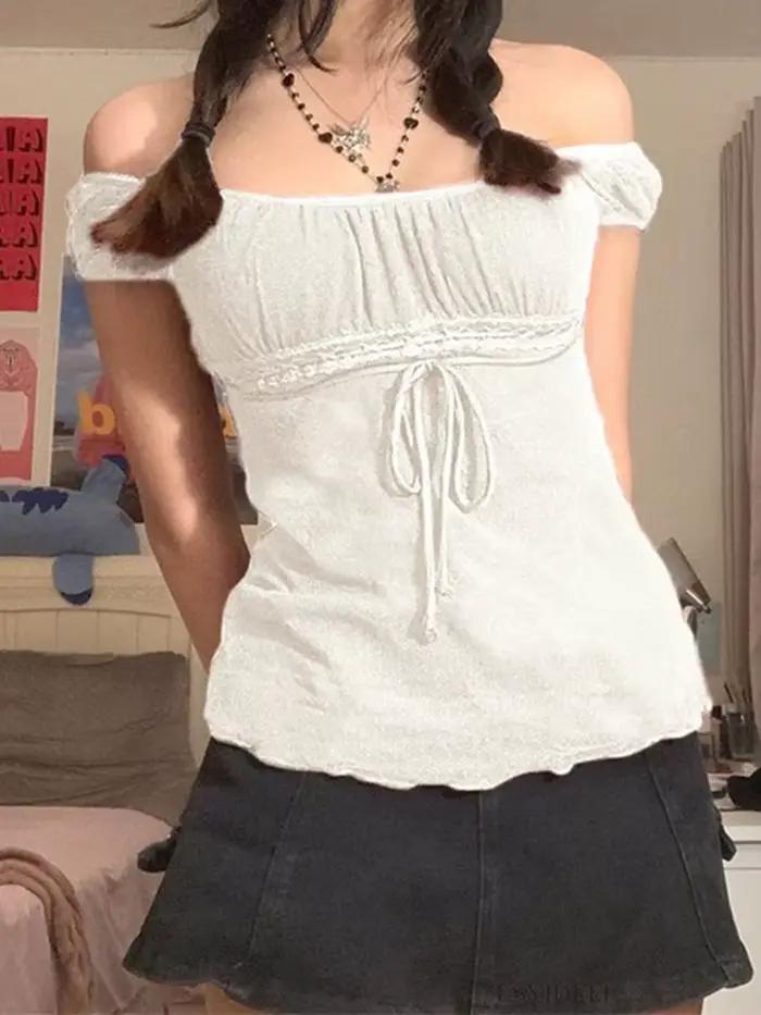 T-shirt en dentelle pour femmes, épaules dénudées, avec cordon de serrage, mode coréenne, fée Grunge