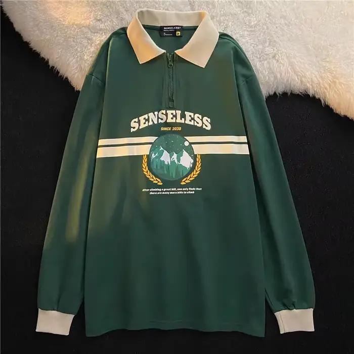 Sweat-shirt Vintage à Col Polo avec Lettres Imprimées pour Femme, Surdimensionné, Harajuku, Vêtement