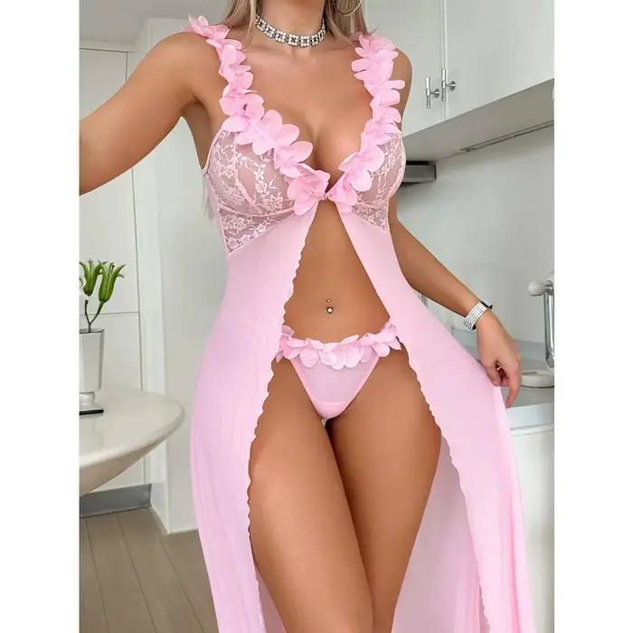 Pyjama Sexy pour femmes, garniture en dentelle fendue, Transparent, dos nu, bretelles en V profond,