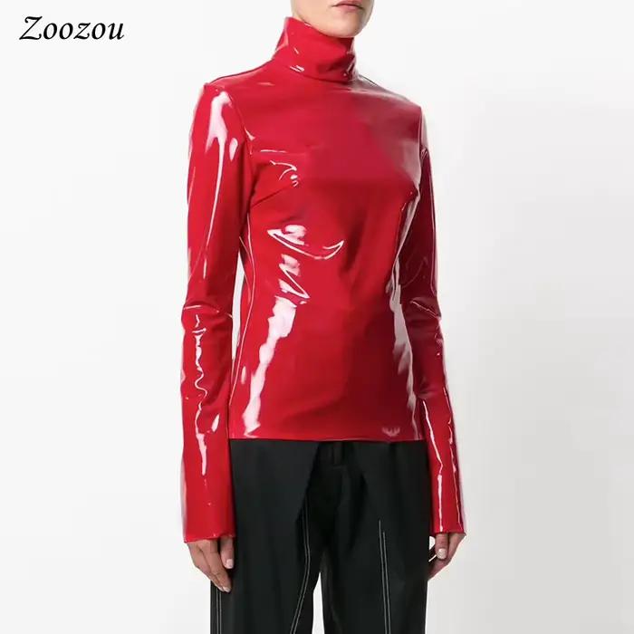 Pull à col roulé en similicuir verni pour femme, chemise à manches longues en Y, pull en PVC avec fe