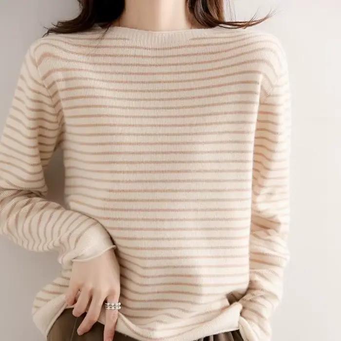 Pull décontracté à manches longues pour femmes, pulls rayés à col rond, pull basique, tricots chauds
